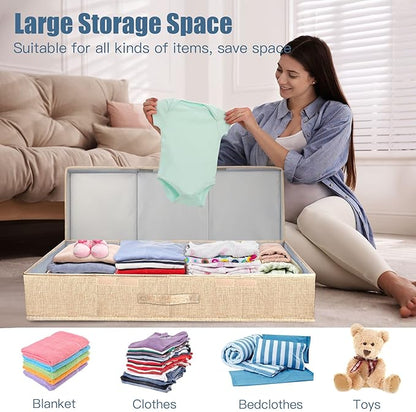 Supowin Underbed Storage Containers Bin with Lids (Set of 2) Large Under Bed Storage Organizer Box with Handle, Foldable Under the Storage Bags for Organizing Clothes, Shoes, Blankets, Pillows-Khaki