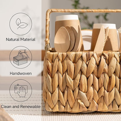 StorageWorks Wicker Silverware Organizer with Handle, Water Hyacinth Kitchen Utensil Holder, Large Utensil Holder for Kitchen Counter, Spoon Forks Cutlery Caddy, Paper Plate Dispenser for Countertop