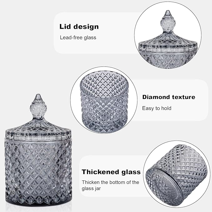 2 Pack Qtip Holder Thick Glass Apothecary Jars with Lid for Bathroom Decor Storage Organizer for Cotton Swabs, Balls, Pads, Floss Picks, Candy, Jewelry, Grey