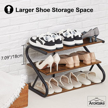 3-Tier Shoe Rack, Wooden Shoe Storage with S-Shaped Heavy Duty Metal Free Standing, Shoe Organizer Shelf for Front Door Entryway, Hallway, Living Room, Closet, Bedroom (Black & Rustic Brown)