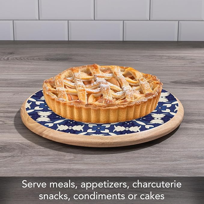CounterArt Decorative Round Natural Wood Lazy Susan Turntable 14" Diameter Condiment Caddy, Cheese Server, Cake Plate, Spice Organization (Blue & White)