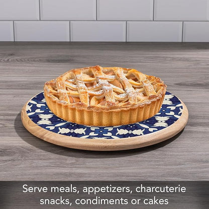CounterArt Decorative Round Natural Wood Lazy Susan Turntable 14" Diameter Condiment Caddy, Cheese Server, Cake Plate, Spice Organization (Blue & White)