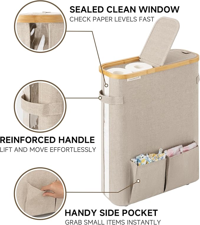 StorageWorks Toilet Paper Storage Baskets with Dual Flip Lids, Toilet Paper Organizer for Bathroom, Toilet Paper Container with Side Pocket, Holds 15 Mega or 20 Regular Rolls, Large, Light Khaki