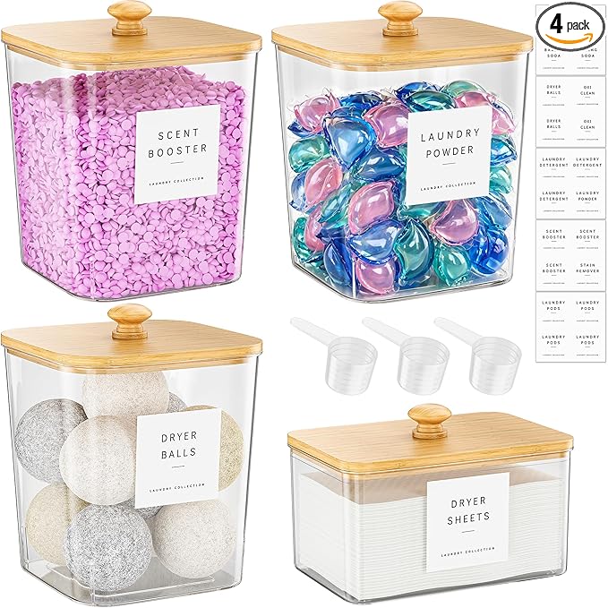 4 Pack Bamboo Laundry Pods Container, Clear Laundry Room Organization Containers,Large Laundry Detergent Powder Storage Containers Lids & Labels, Acrylic Laundry Pods Holder for Scent Booster
