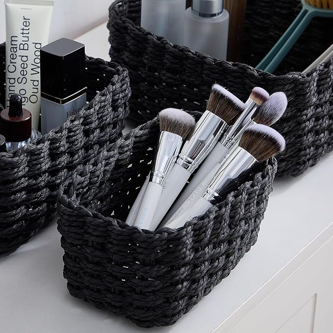 4PCS Woven Storage Baskets Set, Small Baskets for Organizing, Square Handwoven Paper Rope Organizer Bins for Shelves and Home Storage (Black)