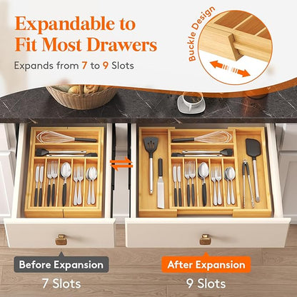 Lifewit Silverware Drawer Organizer, Expandable Utensil Tray for Kitchen, Flatware and Cutlery Holder, Wood Adjustable Storage for Spoons Forks Knives, 31-53 x 43cm, Natural