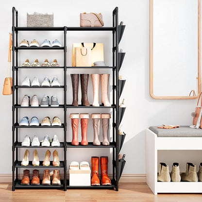 SUOERNUO Shoe Rack Organizer with Hook and Side Pocket, Metal Shoe Rack Storage Holds 25-35 Pairs, Large Black Stackable Freestanding Shoe Racks, 9-Tier Tall Shoe Rack for Closet, Entryway