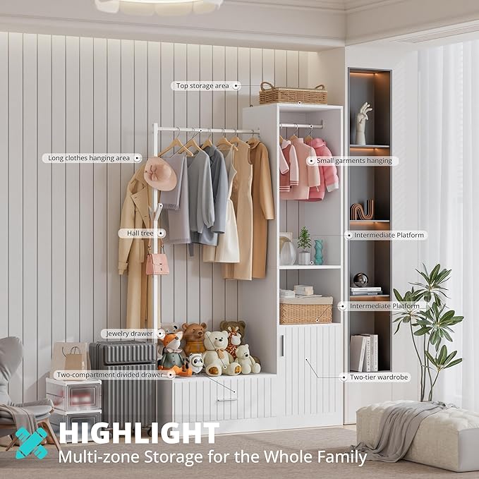 PatioPerk Closet System,Closet Organizer with Hanging Rods & Storage Shelves,Wardrobe Clothes Rack with Drawers and coat tree, Modern Garment Rack for Dressing Room, Hallway, White