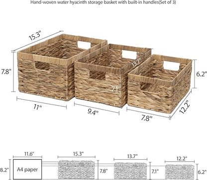 Storage Baskets,Woven Natural Water hyacinth Box with Handle,Kingwillow.(Set of 3)