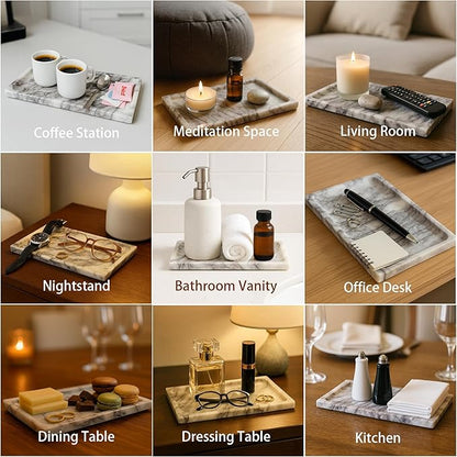 White Marble Vanity Tray – 10.63"x5.91" Rectangular Natural Stone Organizer for Bathroom Perfume Makeup Jewelry Dresser Entryway