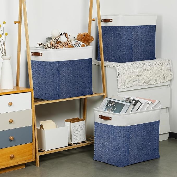 DULLEMELO Large Storage Basket 17"x12"x15",Fabric Organizer Bin for Storage Clothes, Toys, Books,Storage Bin with Handles for Bedroom, Closet, Nursery (White&Blue,1 Pack)