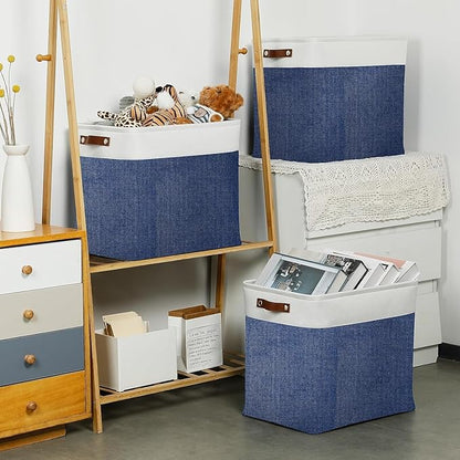 DULLEMELO Large Storage Basket 17"x12"x15",Fabric Organizer Bin for Storage Clothes, Toys, Books,Storage Bin with Handles for Bedroom, Closet, Nursery (White&Blue,1 Pack)