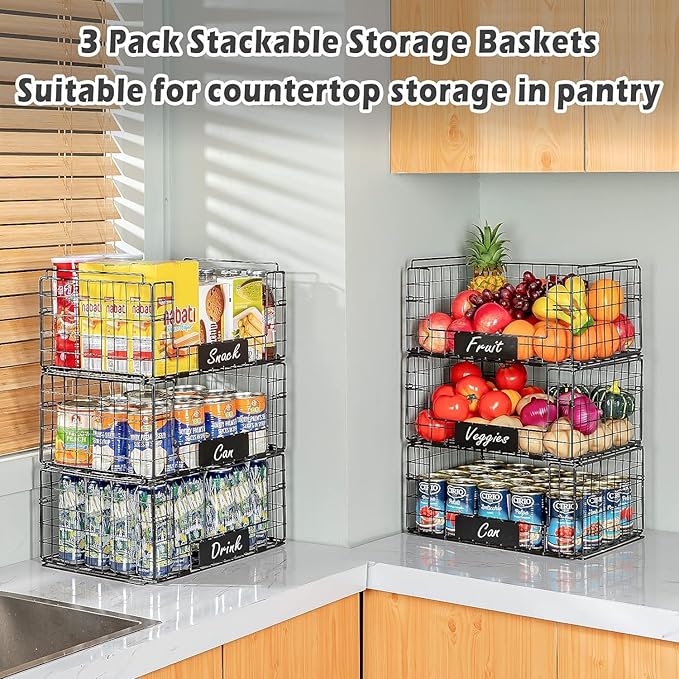 JKsmart 3 Pack XXL Stackable Wire Baskets with Handles for Pantry Storage and Organization, Fruit and Vegetable Basket with Name Plates, Metal Storage Bins for Snack Can Fruit Veggies, XXL