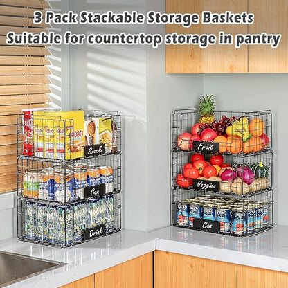 JKsmart 3 Pack XXL Stackable Wire Baskets with Handles for Pantry Storage and Organization, Fruit and Vegetable Basket with Name Plates, Metal Storage Bins for Snack Can Fruit Veggies, XXL