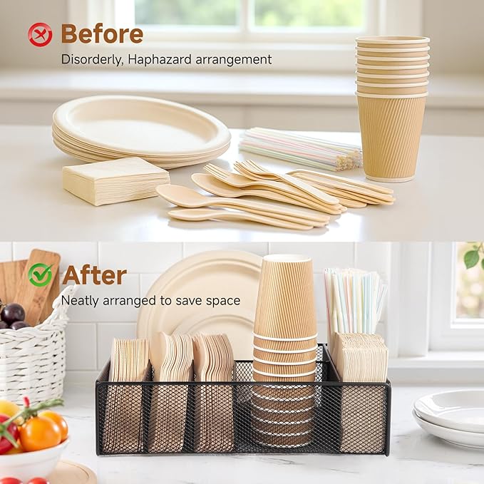 Utensil Caddy for Party - Paper Plate Holder ,Silverware Caddy Utensil Holder Paper plate Organizer with 6 Compartments for Party, Camping, Picnic