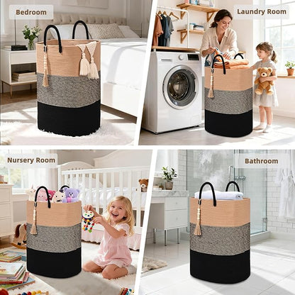 Woven Laundry Basket for Clothes, 50 L Large Rectangle Laundry Hampers with Beads Tassel, Nursery Storage Basket for Toys, Tall Dirty Clothes Hamper for Bedroom Aesthetic, Laundry Room Organization