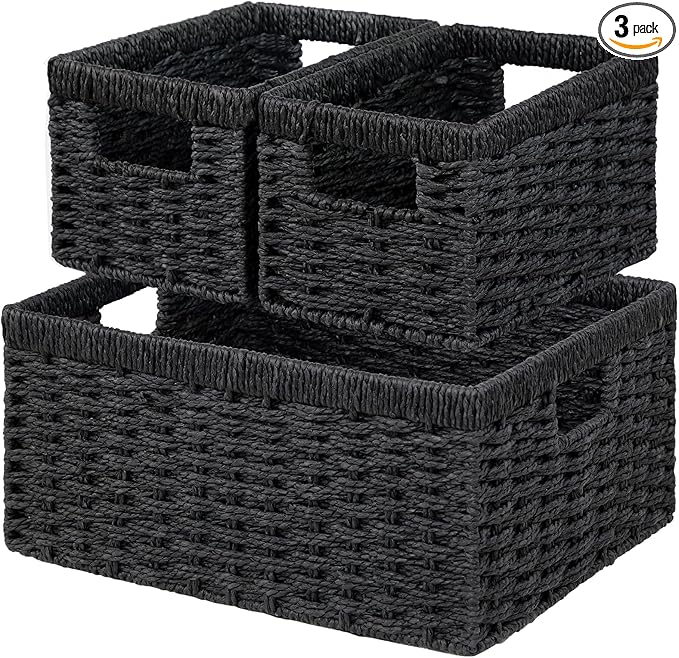 Vagusicc Wicker Storage Basket, Set of 3 Wicker Basket, Hand-Woven Paper Rope Storage Baskets for Organizing, Large Cube Storage Organizer Bins Baskets for Shelves Small Toilet Paper Baskets, Black