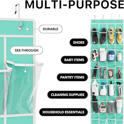 Simple Houseware 24 Pockets - Crystal Clear Over The Door Hanging Shoe Organizer, Turquoise (64'' x 19'')