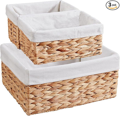 Vagusicc Wicker Basket, 3-Pack Water Hyacinth Wicker Storage Basket with Handles, Storage Baskets for Organizing, Large Hyacinth Storage Baskets for Shelves with Liner (Water Hyacinth Baskets Set)
