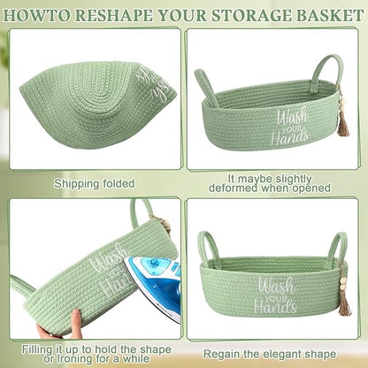 Wash Your Hands Bathroom Decoration Green Cotton Rope Toilet Basket Toilet Paper Holder Basket Rustic Bathroom Organizer Farmhouse Home Decoration Organizing Small Baskets