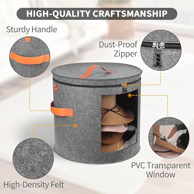 kushon Oversized Hat Storage Box for Women & Men，19" D x 17" H Cowboy Hat Boxes with 1 Wood Hook Felt travel Round Hat Organizer Box with Dustproof Lid (Gray)