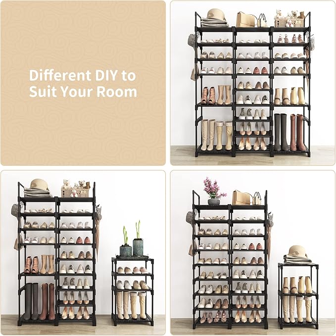 Tall Shoe Rack Organizer 9 Tiers 50-55 Pairs Large Shoe Rack for Closet Entryway Garage Big Shoe Storage with Side Hooks Black Metal Free Standing Shoe Racks Sturdy Shoe Shelf Tower