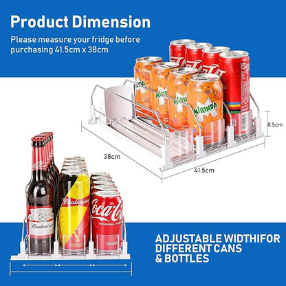 Drink Organizer for Fridge, Soda Can Organizer Dispenser for Refrigerator with Automatic Pusher Glide, Width Adjustable Clear Dividers Can Holder for 15 Cans, 115''D x 8.9''W x 3.1''H, 3 Rows