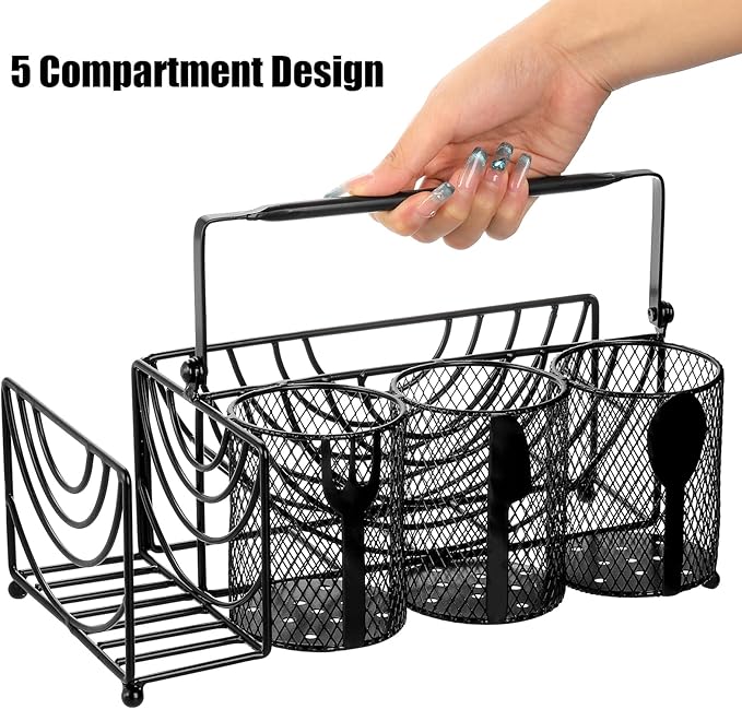 Metal Utensil Caddy with 5 Compartments, Black Mesh Silverware Caddy Organizer, Flatware Storage Holder for Napkins, Plates, Party, Camping, Picnic, Buffet, RV, BBQ, Kitchen, Countertop