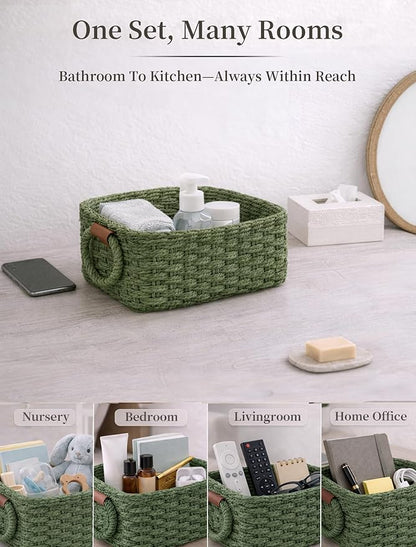 Storage Basket, Recycled Paper Rope Bathroom Basket Organizer, 3Pcs Small Baskets for Organizing, Mini wicker Basket for Decorative Storage Bins, Shelves, Bathroom, Cabinet - Green