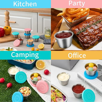 Freshmage [12 Pack 2.4oz Stainless Steel Dressing Container with Silicone Lids, Reusable Leakproof Condiment Containers Small Sauce Container Sets