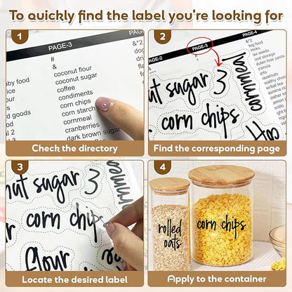 170PCS Food Pantry Labels, Kitchen Container Storage Labels Spice Organize Storage Jars Boxes Bottles Preprinted Black Script Clear Stickers - Water and Oil Resistant