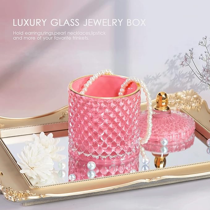 ALAMHI Pink Candy Jar, Glass Candy Dish with Lid, Crystal Apothocary Jars with Lids Jewelry Box with Lids, Decorative Glass Jar Gifts for Women