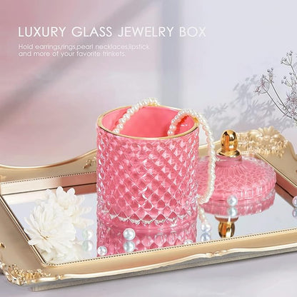 ALAMHI Pink Candy Jar, Glass Candy Dish with Lid, Crystal Apothocary Jars with Lids Jewelry Box with Lids, Decorative Glass Jar Gifts for Women