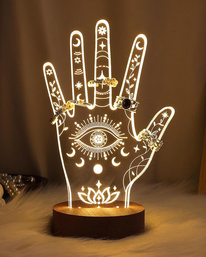Attivolife Evil Eye LED Ring Holder Stand - Hand-Shaped Acrylic Jewelry Organizer Rack Bracelet & Ring Display for Women Friends Bestie