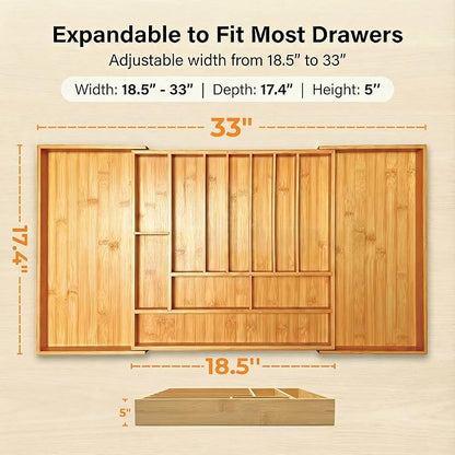 Expandable Kitchen Organizer – Adjustable 33” Wide Utensil Kitchen Drawer with 11 Compartments, Natural Solid Bamboo Construction for Flatware