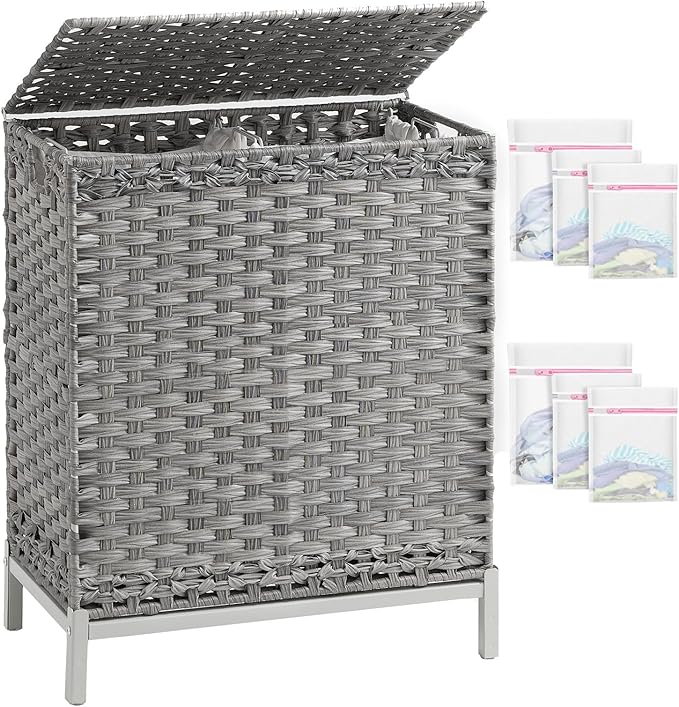 SETVSON Laundry Hamper with Lid, 112 L Handwoven Rattan Wicker Laundry Basket, 2 Removable Liner Bags Metal Heightened Feet, 6 Mesh Bags, 2 Section Large Clothes Hamper for Bathroom Bedroom, Gray