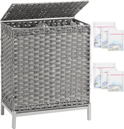 SETVSON Laundry Hamper with Lid, 112 L Handwoven Rattan Wicker Laundry Basket, 2 Removable Liner Bags Metal Heightened Feet, 6 Mesh Bags, 2 Section Large Clothes Hamper for Bathroom Bedroom, Gray