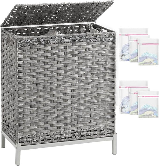 SETVSON Laundry Hamper with Lid, 112 L Handwoven Rattan Wicker Laundry Basket, 2 Removable Liner Bags Metal Heightened Feet, 6 Mesh Bags, 2 Section Large Clothes Hamper for Bathroom Bedroom, Gray