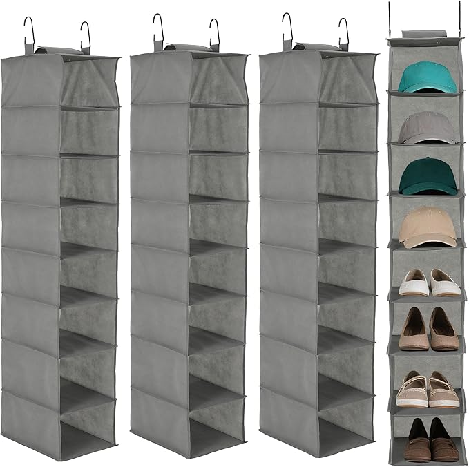Garvee 3-Tier Hanging Shoe Organizer for Closet, Gray 8-Shelf Storage Holder with 2 Hooks, No Tools Needed Installation, Space-Saving Shelf for Shoes, Purses, Scarves, Accessories (3 Pack)