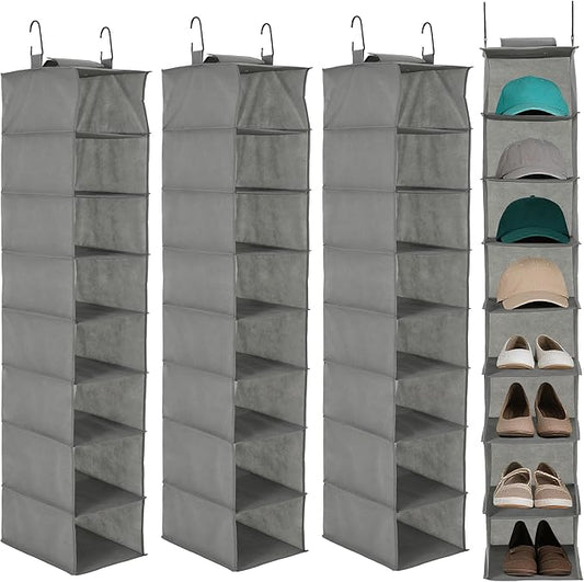 Garvee 3-Tier Hanging Shoe Organizer for Closet, Gray 8-Shelf Storage Holder with 2 Hooks, No Tools Needed Installation, Space-Saving Shelf for Shoes, Purses, Scarves, Accessories (3 Pack)