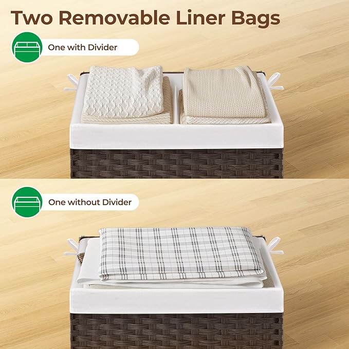 GREENSTELL Storage Basket with Lid, 27.7 Gallon(105L) Lagre Wicker Blanket Storage Basket with Handles, Foldable, 2 Removable Liner Bags, Metal Frame, for Bedroom, Laundry Room, Brown