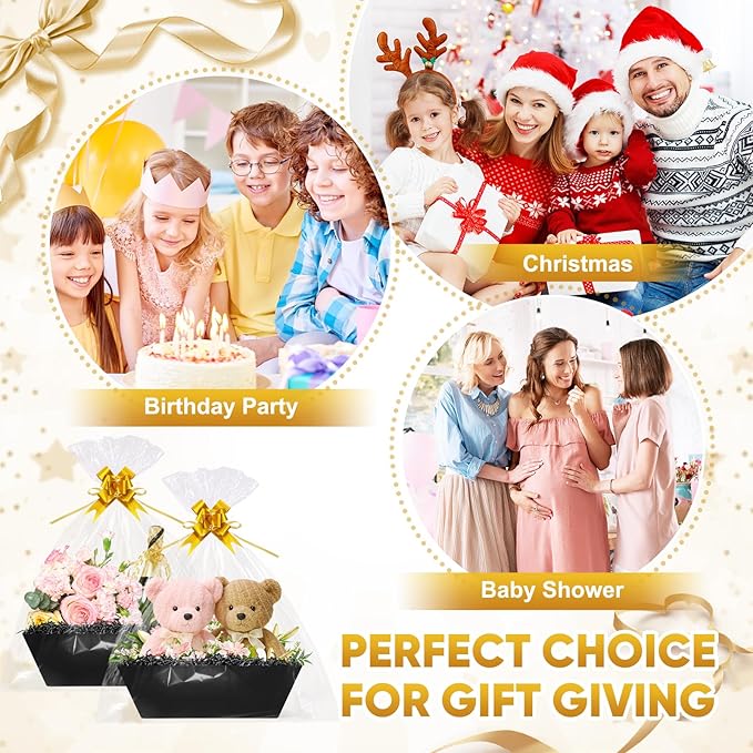 5 Pack Baskets For Gifts Empty, 10x12” Black Gift Basket Kit with Clear Bags Gold Bows 200g Crinkle Cut Paper Empty Gift Baskets to Fill Large Gift Baskets for Christmas, Birthdays, Holidays, Weddings
