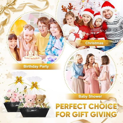 5 Pack Baskets For Gifts Empty, 10x12” Black Gift Basket Kit with Clear Bags Gold Bows 200g Crinkle Cut Paper Empty Gift Baskets to Fill Large Gift Baskets for Christmas, Birthdays, Holidays, Weddings
