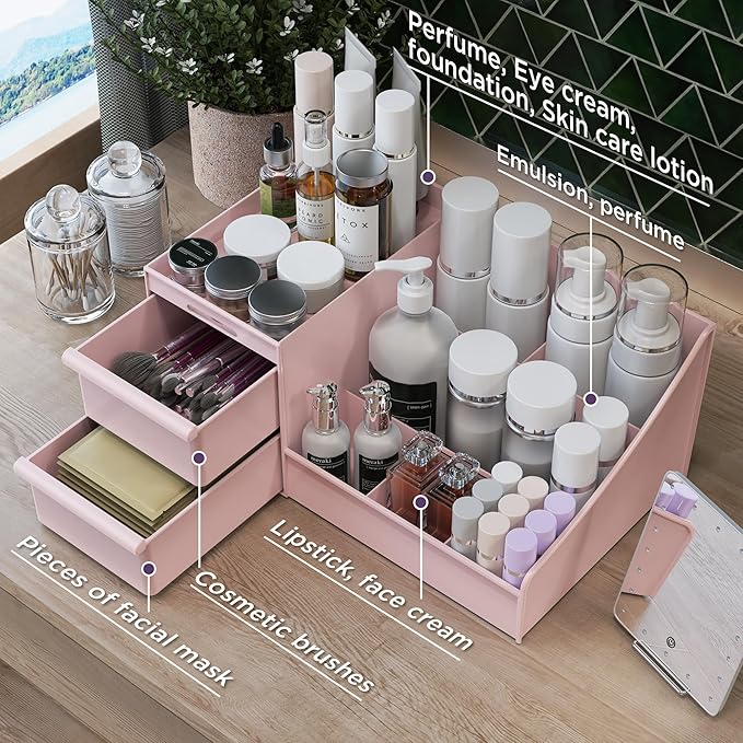 DancesCat Pink&2 Drawers Makeup Organizer Countertop, Vanity Organizer with 7 Compartments and 2 Drawers for Cosmetics, Skincare, Brushes, Perfume, Bathroom Counter Organizer