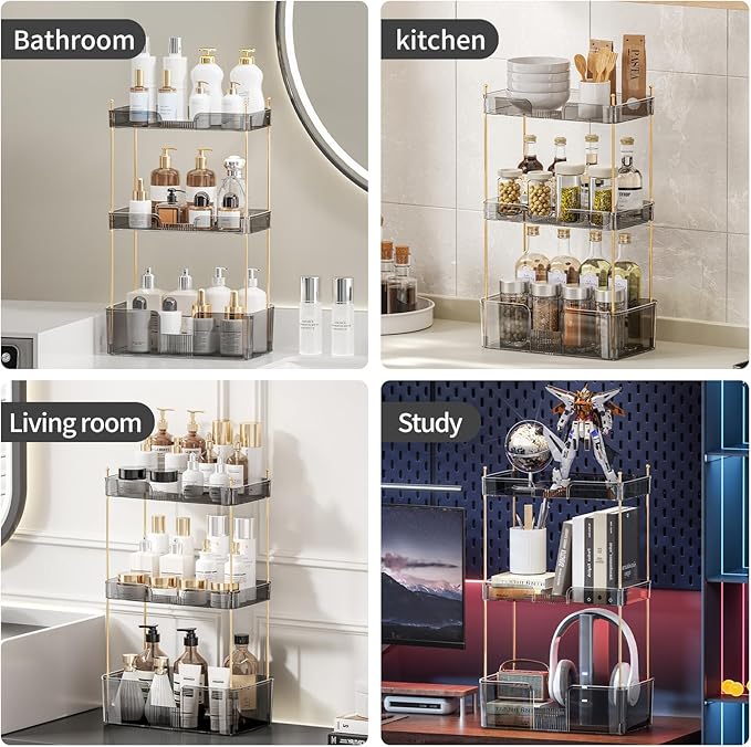 Akinbas 3 Tier Bathroom Organizer Countertop Makeup Perfume Tray Skincare Organizer for Bathroom Dresser Vanity (Grey)