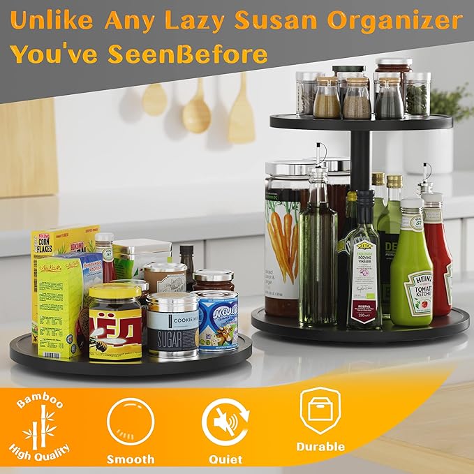 Lazy Susan Organizer Homerays 9 Inch Non-Skid Bamboo Lazy Susan for Kitchen Rotating Spice Rack for Kitchen Cabinet, Wood Turntable for Kitchen Countertop Organizer Black