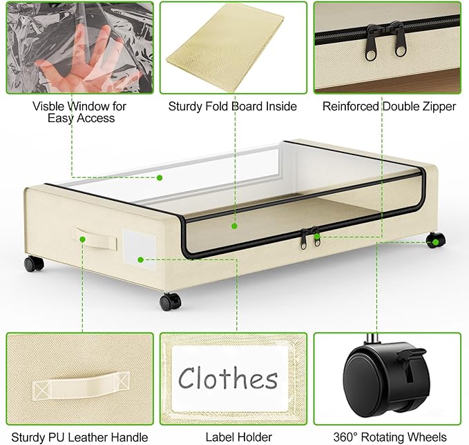 Molutsody Under Bed Storage with Wheels, 2-Pack Underbed Storage Containers with Clear Lids, Under Bed Shoe Storage Organizer, Rolling Under Bed Storage for Clothes Shoes Blankets (Beige)