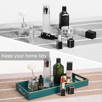 MAONAME Green Vanity Tray Set of 2, Plastic Decorative Tray with Handles, Long Narrow Trays, Small Bathroom Trays for Toilet Tank, 13.8" X 6" X 1.57"