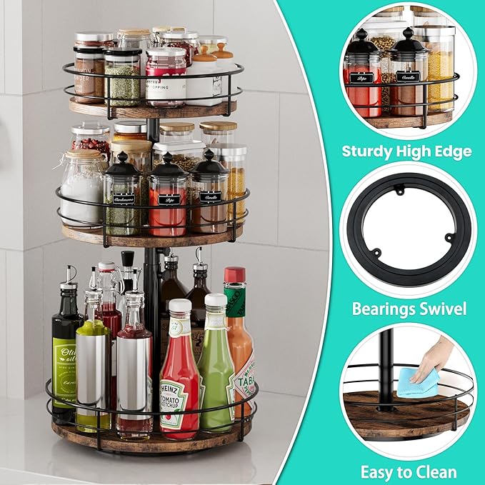 3 Tier Lazy Susan Spice Rack Organizer with Adjustable Height, 360° Rotating Spice Rack Spinning Organizer for Kitchen Bathroom Table Top Countertop Pantry, Black
