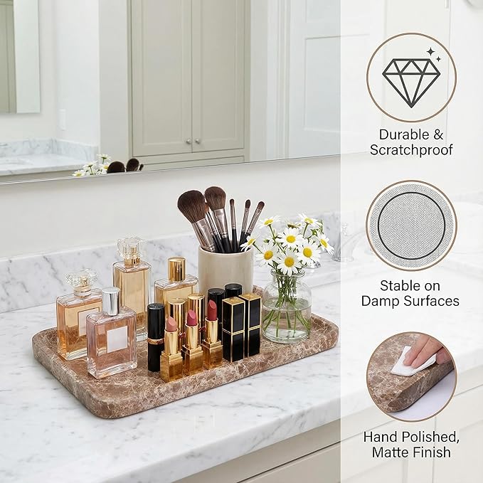 Light emperador Marble Vanity Tray for Bathroom Counter-12 X7 Decorative Tray for Perfume, Candles, Stone Jewelry Dish Tray